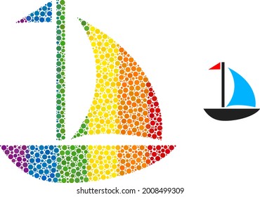 Sail boat collage icon of round items in variable sizes and spectrum color tints. A dotted LGBT-colored sail boat for lesbians, gays, bisexuals, and transgenders.