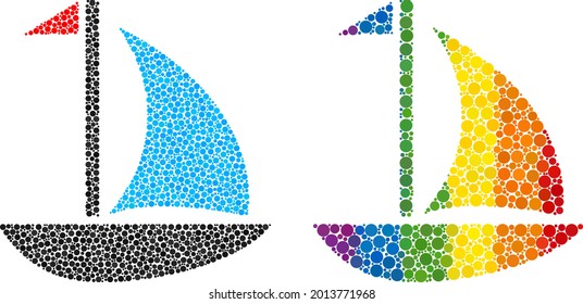 Sail boat composition icon of spheric dots in various sizes and rainbow color tints. A dotted LGBT-colored sail boat for lesbians, gays, bisexuals, and transgenders.