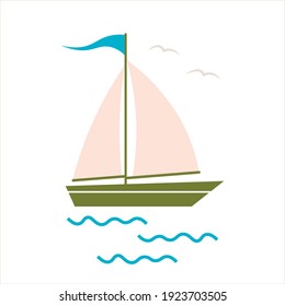 Sail boat  Cute boat and sails white isolated background  Sailboat   water waves  Vector illustration in flat style 