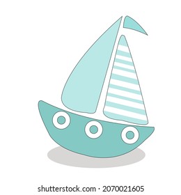 Sail boat. Cute boat with sails on a white isolated background. Sailboat and water waves. Vector illustration in a flat style.