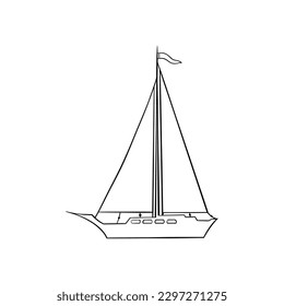 Sail boat. Cute boat with sails on a white isolated background. Sailboat and water waves. Vector illustration in a flat style.