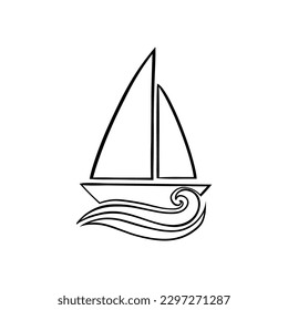 Sail boat. Cute boat with sails on a white isolated background. Sailboat and water waves. Vector illustration in a flat style.