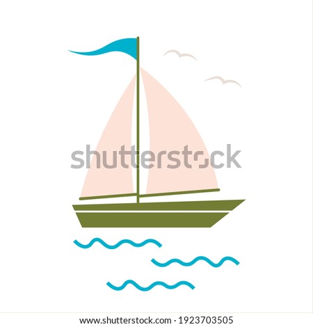 Sail boat. Cute boat with sails on a white isolated background. Sailboat and water waves. Vector illustration in a flat style.
