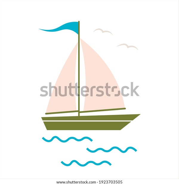 Sail boat. Cute boat with sails on a white\
isolated background. Sailboat and water waves. Vector illustration\
in a flat style.