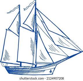 Sail boat engraving. Schooner sketch. Yacht drawing