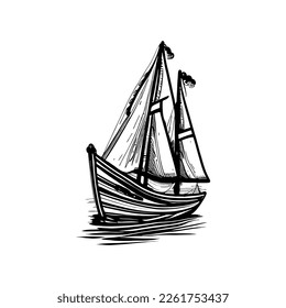 Sail boat. hand drawn boat with sails on a white isolated background. Sailboat and water waves. Linocut vector illustration.