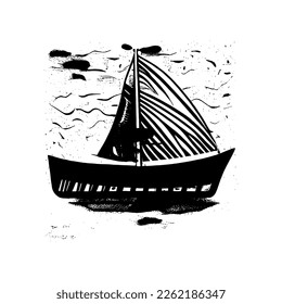 Sail boat. hand drawn boat with sails on a white isolated background. Sailboat and water waves. Linocut vector illustration.