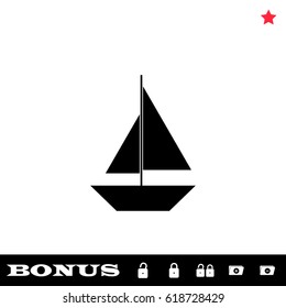 Sail boat icon flat. Black pictogram on white background. Vector illustration symbol and bonus button open and closed lock, folder, star