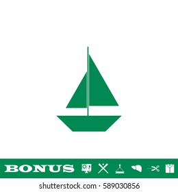 Sail boat icon flat. Green pictogram on white background. Vector illustration symbol and bonus button