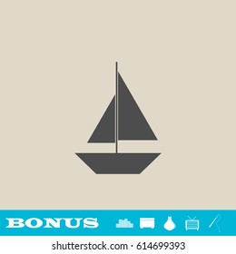 Sail boat icon flat. Grey pictogram on light background. Vector illustration symbol and bonus button real estate, ottoman, vase, tv, fishing rod