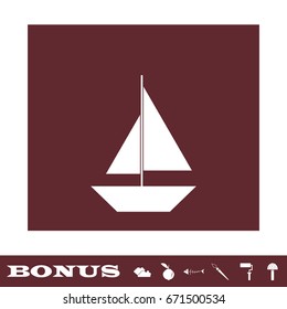 Sail boat icon flat. White pictogram on brown background. Vector illustration symbol and bonus icons