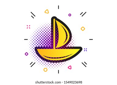 Sail boat icon. Halftone dots pattern. Ship sign. Shipment delivery symbol. Classic flat boat icon. Vector