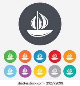 Sail boat icon. Ship sign. Shipment delivery symbol. Round colourful 11 buttons. Vector