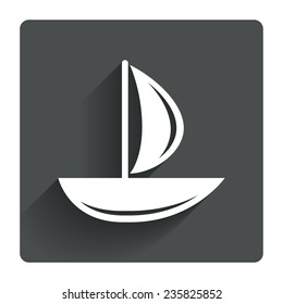 Sail boat icon. Ship sign. Shipment delivery symbol. Gray flat square button with shadow. Modern UI website navigation. Vector