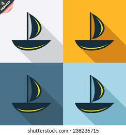 Sail boat icon. Ship sign. Shipment delivery symbol. Four squares. Colored Flat design buttons. Vector