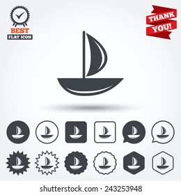 Sail boat icon. Ship sign. Shipment delivery symbol. Circle, star, speech bubble and square buttons. Award medal with check mark. Thank you ribbon. Vector