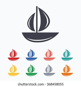 Sail boat icon. Ship sign. Shipment delivery symbol. Colored flat icons on white background.