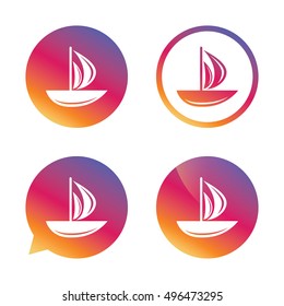 Sail boat icon. Ship sign. Shipment delivery symbol. Gradient buttons with flat icon. Speech bubble sign. Vector