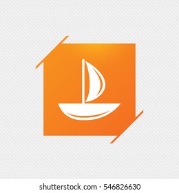 Sail boat icon. Ship sign. Shipment delivery symbol. Orange square label on pattern. Vector