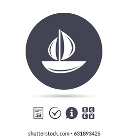 Sail boat icon. Ship sign. Shipment delivery symbol. Report document, information and check tick icons. Currency exchange. Vector