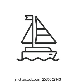 Sail boat, in line design. Sail boat, sailing, yacht, watercraft, nautical, ocean, sea on white background vector. Sail boat editable stroke icon