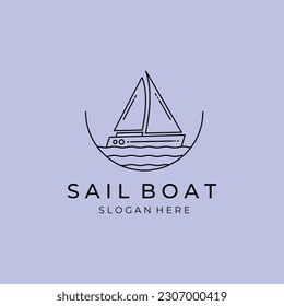 Segelboot Logo Linie minimalistisch Vektordesign mit Wellenlogo und Emblem