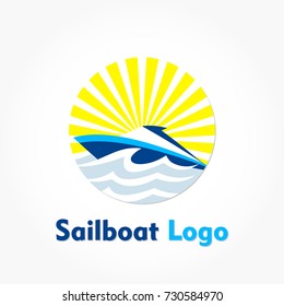 sail boat logo with shining sky and ship sailing on water