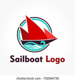 sail boat logo with ship sailing on water isolated by circle frame