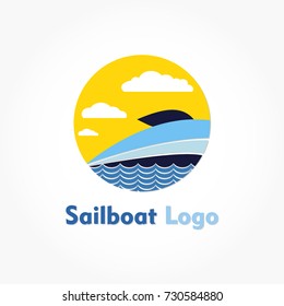 sail boat logo with ship sailing on water and cloudy sky