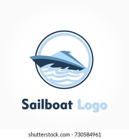 sail boat logo with ship sailing on water isolated by circle frame
