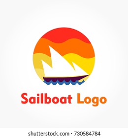 sail boat logo with sun and ship sailing on water