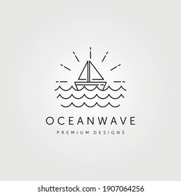 sail boat logo vector line art with ocean wave symbol illustration design