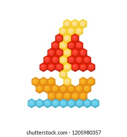 Sail boat made of multicolored children s mosaic puzzle. Game for development of logic and motor skills. Flat vector icon