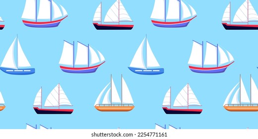 Sail boat, marine nautical boat pattern. Sailboat ship in ocean or sea, water regatta, summer nature. colorful childish print, decor textile, wrapping paper. Vector seamless recent elements