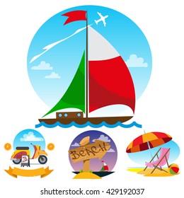 Sail boat, motor scooter, beach umbrella and beach chair. Set of color illustrations on the theme of summer.