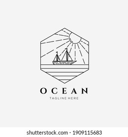 sail boat ocean sunburst line art logo vector illustration design