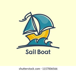 Sail boat on waves cartoon vector icon