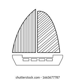 Sail boat outline graphic illustration. Ship and yacht. Isolated on white background. Stripes on sails. Sea and ocean. Maritime transport. Traveling and hobby. For coloring book page. For children
