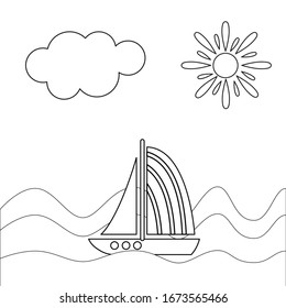 Sail boat outline graphic illustration. Ship and yacht. Black line. Isolated on white background. Sea and ocean. Maritime transport. Traveling and hobby. For coloring book page. For children drawing