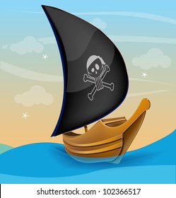 Sail boat with pirate symbol on a sunset background. Vector illustration
