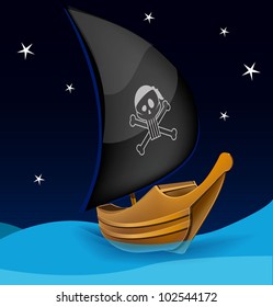 Sail boat with pirate symbol on a night background. Vector illustration