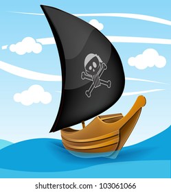 Sail boat with pirate symbol on a cloudy background. Vector illustration