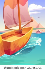 Sail boat in red sea with view to sand beach and ancient Egyptian pyramids. Summer landscape with boats on water, african coast and Egypt landmarks, vector cartoon illustration