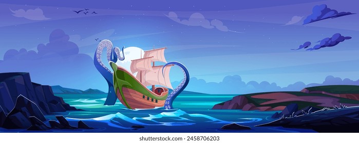 Sail boat in sea with fantasy kraken tentacles at night. Monster octopus crashing ship in ocean. Cartoon midnight dusk vector illustration of big myth underwater creature attacking sailboat.