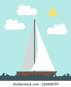 Sail boat in the sea. Vector illustration in flat style.