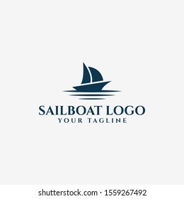 Sail Boat and Sea Wave, Sailing Yacht, Nautical Logo Design