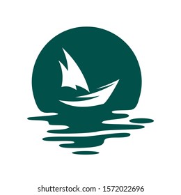 Sail Boat and Sea Wave, Sailing Yacht, Nautical Logo Design