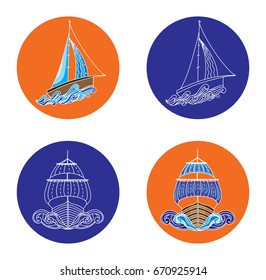 Sail boat and ship, line vector illustrations, round icons or logos