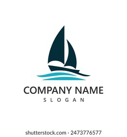 Sail Boat Ship and sea wave for Ocean Sailing Adventure Travel Trip Transportation logo