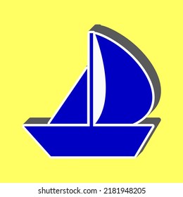 Sail Boat sign. Blue Icon with white stroke in 3d at yellow Background. Illustration.